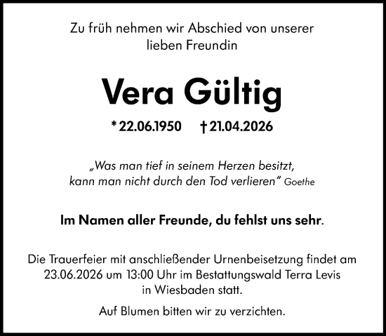 Traueranzeige von Vera Gültig von Wiesbadener Kurier
