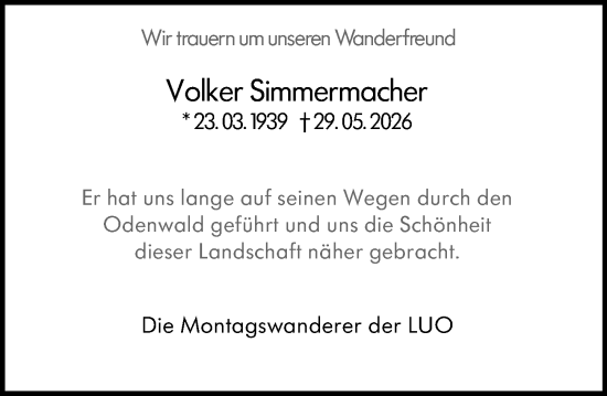Traueranzeige von Volker Simmermacher von Darmstädter Echo