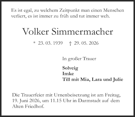 Traueranzeige von Volker Simmermacher von Darmstädter Echo