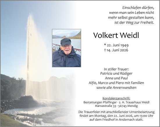 Traueranzeige von Volkert Weidl von Dill Block