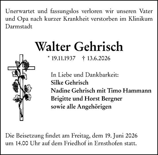 Traueranzeige von Walter Gehrisch von Darmstädter Echo
