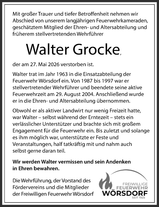 Traueranzeige von Walter Grocke von Idsteiner Land/Untertaunus