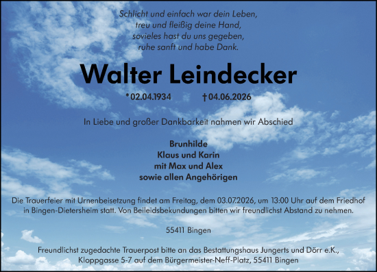 Traueranzeige von Walter Leindecker von Allgemeine Zeitung Rheinhessen-Nahe