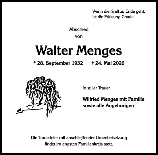 Traueranzeige von Walter Menges von Wiesbadener Kurier