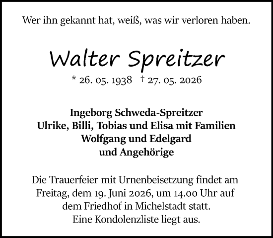 Traueranzeige von Walter Spreitzer von Odenwälder Echo