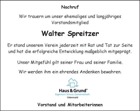 Traueranzeige von Walter Spreitzer von Odenwälder Echo