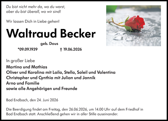 Traueranzeige von Waltraud Becker von Hinterländer Anzeiger