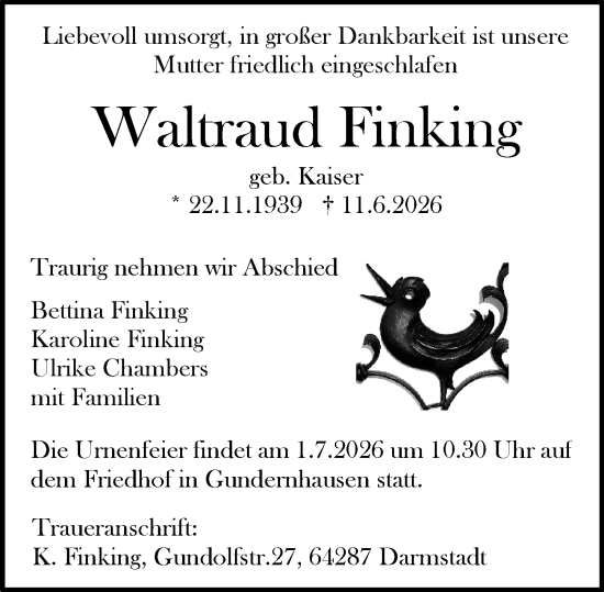Traueranzeige von Waltraud Finking von Darmstädter Echo