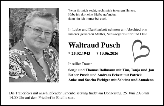 Traueranzeige von Waltraud Pusch von Wiesbadener Kurier
