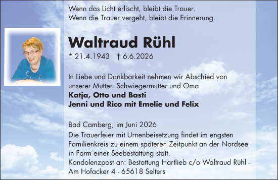 Traueranzeige von Waltraud Rühl von Camberger Anzeiger