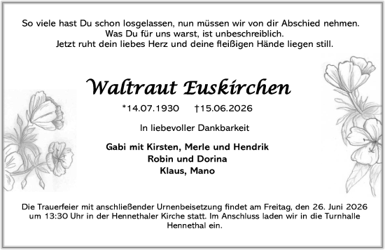Traueranzeige von Waltraut Euskirchen von Idsteiner Land/Untertaunus