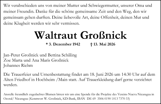 Traueranzeige von Waltraut Großnick von Wiesbadener Kurier
