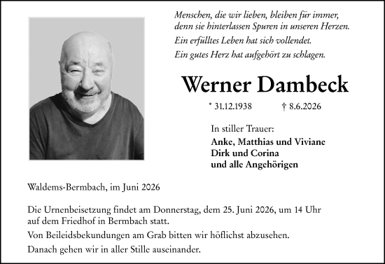 Traueranzeige von Werner Dambeck von Camberger Anzeiger