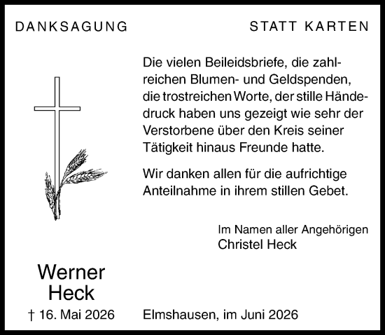 Traueranzeige von Werner Heck von Hinterländer Anzeiger