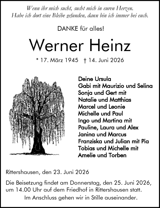 Traueranzeige von Werner Heinz von Dill Block