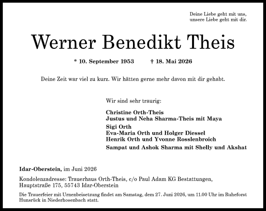 Traueranzeige von Werner Benedikt Theis von Hochheimer Zeitung