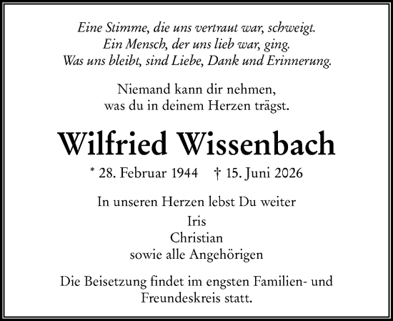 Traueranzeige von Wilfried Wissenbach von Wetzlarer Neue Zeitung