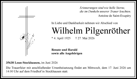 Traueranzeige von Wilhelm Pilgenröther von Wetzlarer Neue Zeitung
