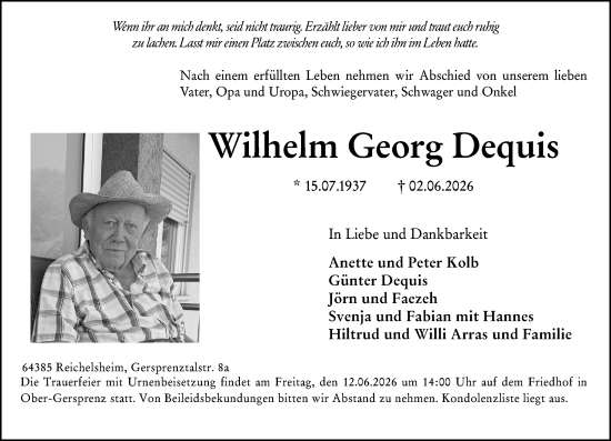 Traueranzeige von Wilhelm Georg Dequis von Odenwälder Echo