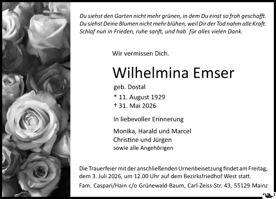 Traueranzeige von Wilhelmina Emser von Allgemeine Zeitung Mainz