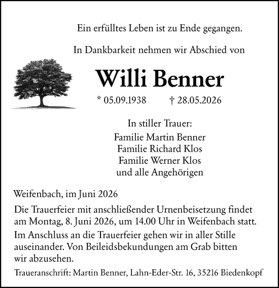 Traueranzeige von Willi Benner von Hinterländer Anzeiger