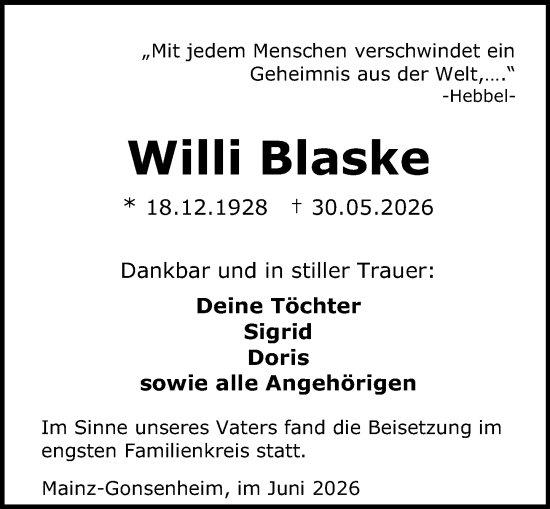 Traueranzeige von Willi Blaske von Allgemeine Zeitung Mainz