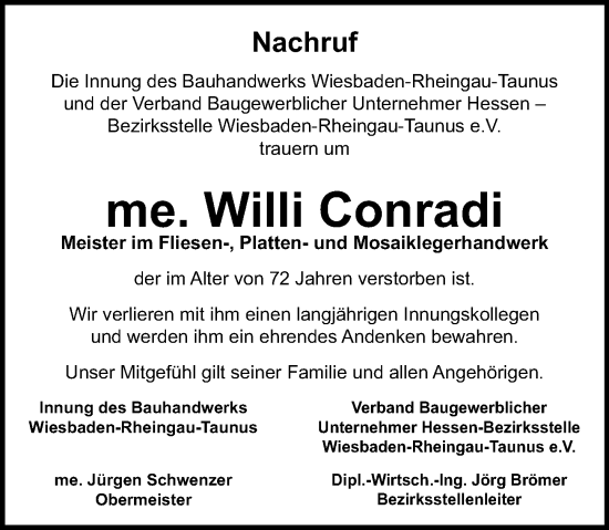 Traueranzeige von Willi Conradi von Wiesbadener Kurier