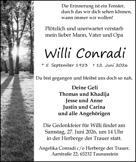 Traueranzeige von Willi Conradi von Rheingau-Taunus-Kreis Wochenblatt