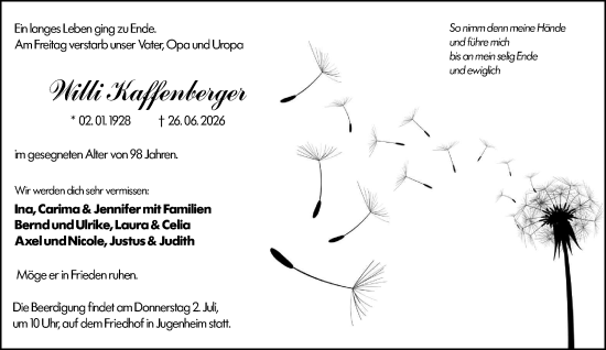 Traueranzeige von Willi Kaffenberger von Darmstädter Echo