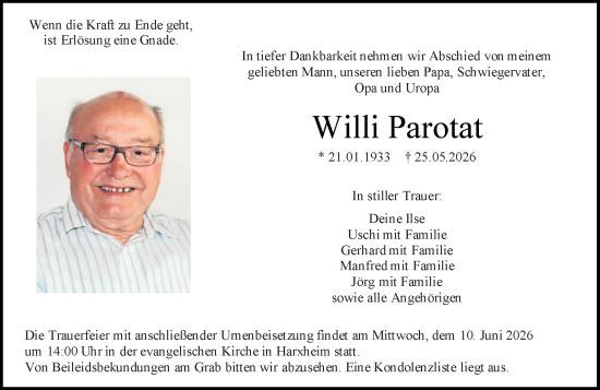 Traueranzeige von Willi Parotat von Allgemeine Zeitung Mainz