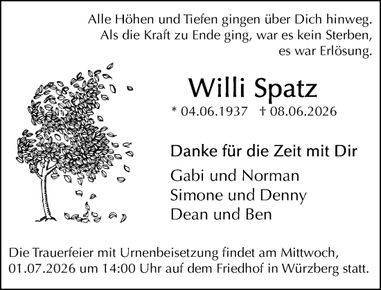 Traueranzeige von Willi Spatz von Odenwälder Echo