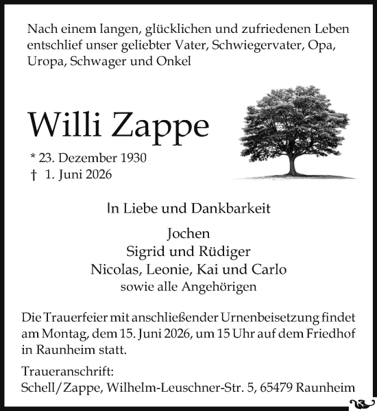 Traueranzeige von Willi Zappe von Rüsselsheimer Echo
