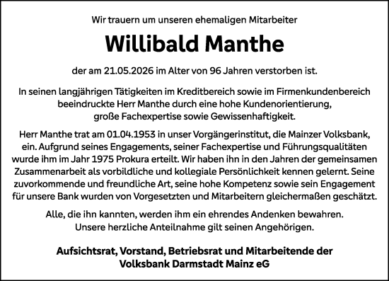 Traueranzeige von Willibald Manthe von Allgemeine Zeitung Mainz