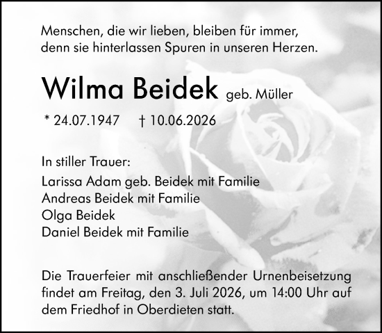 Traueranzeige von Wilma Beidek von Hinterländer Anzeiger
