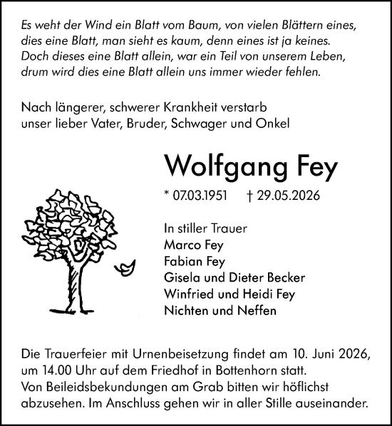 Traueranzeige von Wolfgang Fey von Hinterländer Anzeiger