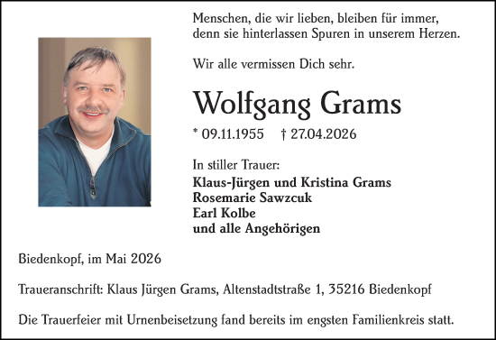 Traueranzeige von Wolfgang Grams von Hinterländer Anzeiger