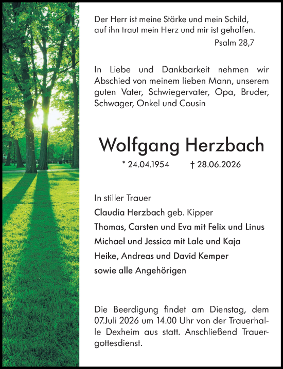 Traueranzeige von Wolfgang Herzbach von Allgemeine Zeitung Mainz