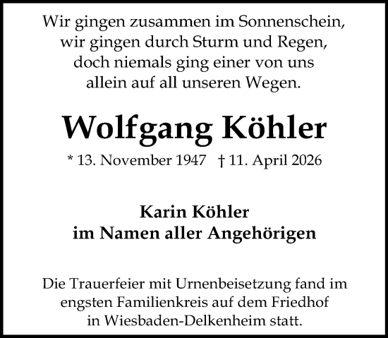 Traueranzeige von Wolfgang Köhler von Wiesbadener Kurier
