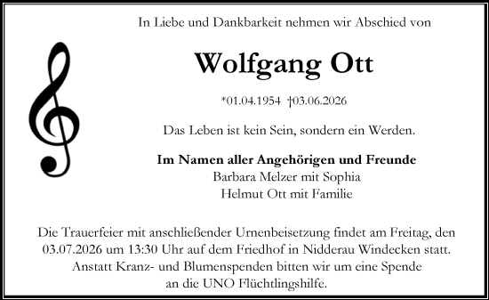 Traueranzeige von Wolfgang Ott von Wiesbadener Kurier