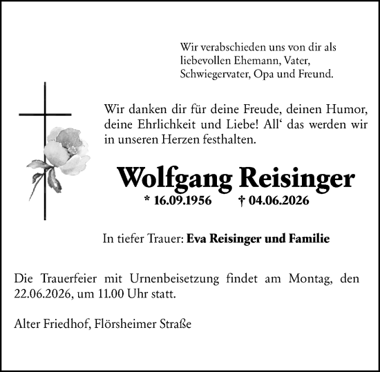 Traueranzeige von Wolfgang Reisinger von Hochheimer Zeitung