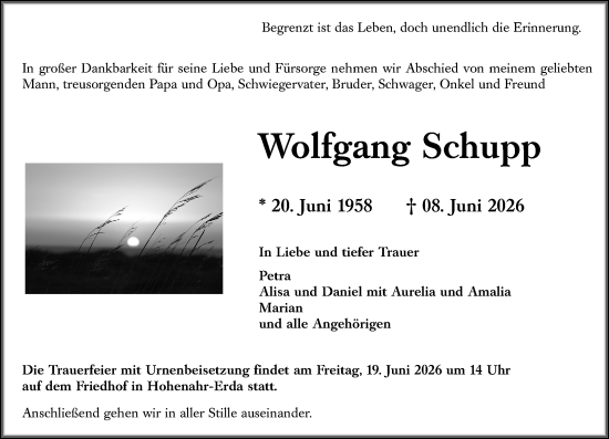 Traueranzeige von Wolfgang Schupp von Wetzlarer Neue Zeitung