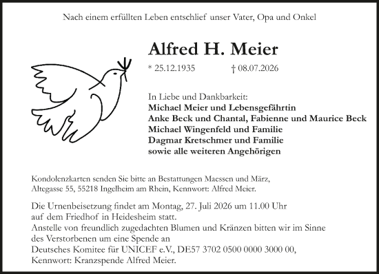 Traueranzeige von Alfred H. Meier von Allgemeine Zeitung Rheinhessen-Nahe