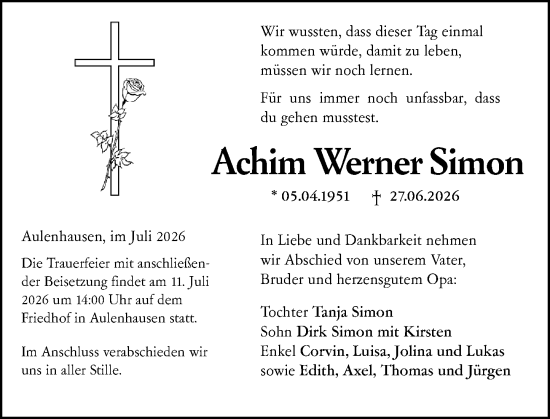 Traueranzeige von Achim Werner Simon von Weilburger Tageblatt