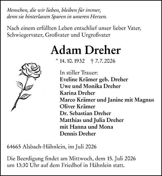 Traueranzeige von Adam Dreher von Groß-Gerauer Echo