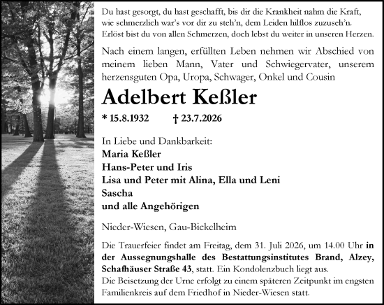 Traueranzeige von Adelbert Keßler von Allgemeine Zeitung Alzey