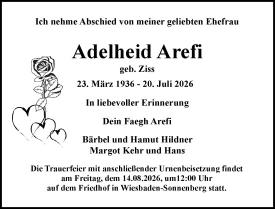 Traueranzeige von Adelheid Arefi von Wiesbadener Kurier