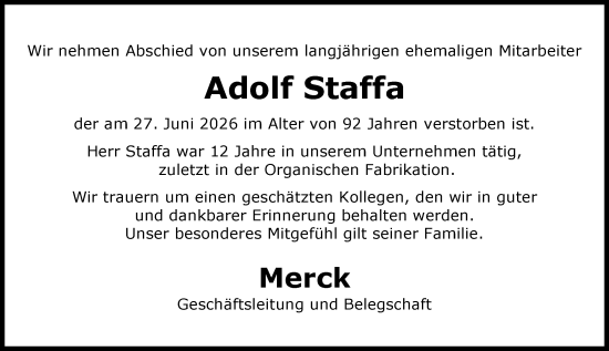 Traueranzeige von Adolf Staffa von Darmstädter Echo