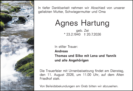 Traueranzeige von Agnes Hartung von Hochheimer Zeitung