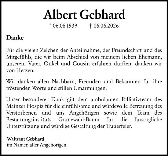 Traueranzeige von Albert Gebhard von Allgemeine Zeitung Mainz