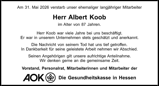 Traueranzeige von Albert Koob von Bergsträßer Anzeiger